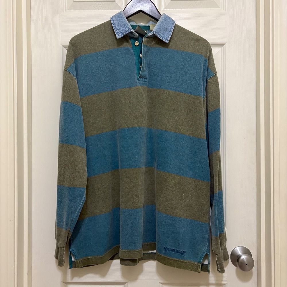 Vintage Levis Rugby Shirt M Striped Olive Green Blue Faded Distressed Retro 90s